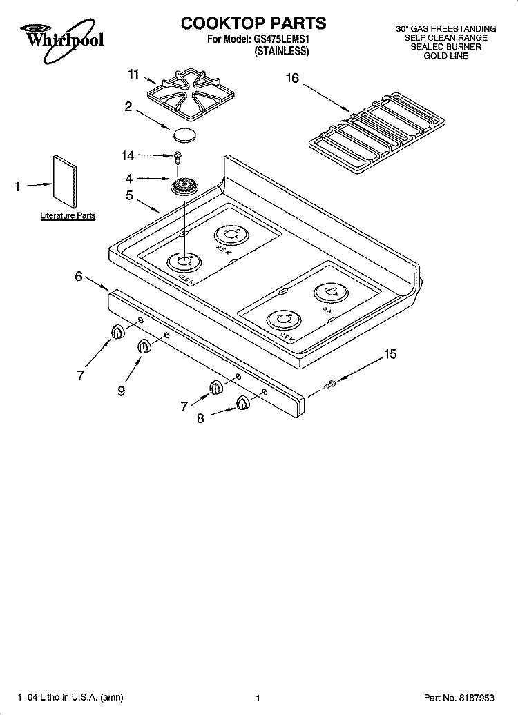 COOKTOP PARTS Diagram and Parts List for GS475LEMS1  Whirlpool Range