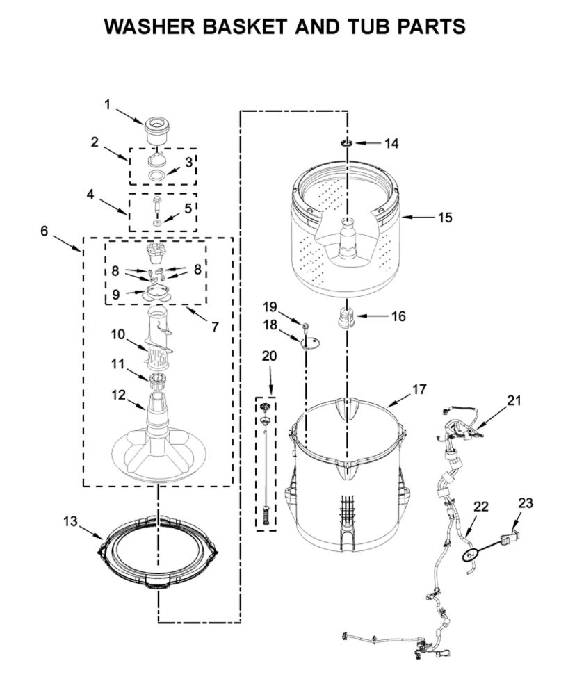 Washer Basket And Tub Parts Diagram and Parts List for 7MWGT4027HW1  Whirlpool Washer Dryer Combo