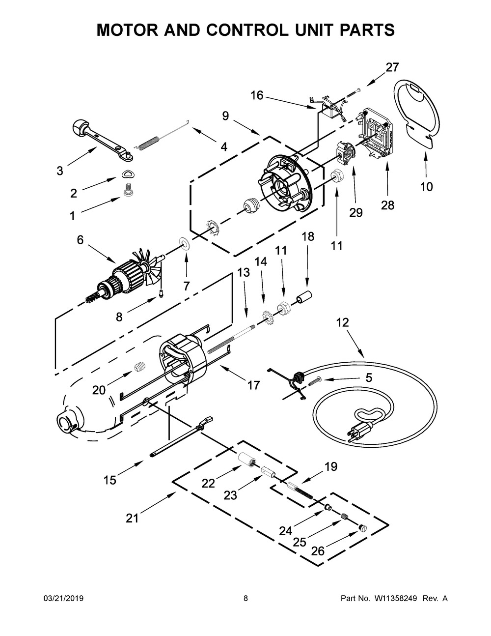 Motor And Control Unit Parts Diagram and Parts List for 5KSM180HBSD4  Whirlpool Mixer