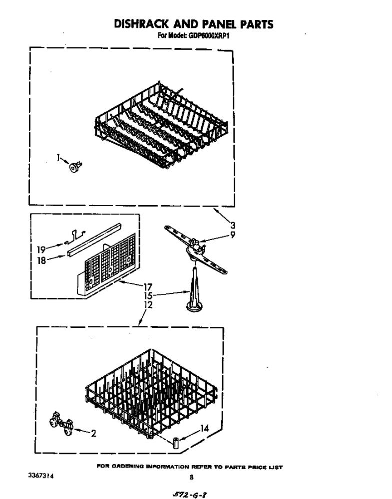 Dishrack And Panel Diagram and Parts List for GDP6000XRP1  Whirlpool Dishwasher