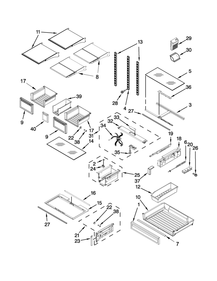 Shelf Parts Diagram and Parts List for WRF990SLAM03  Whirlpool Refrigerator