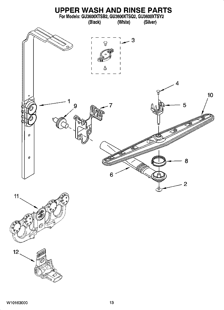 UPPER WASH AND RINSE PARTS Diagram and Parts List for GU3600XTSY2  Whirlpool Dishwasher