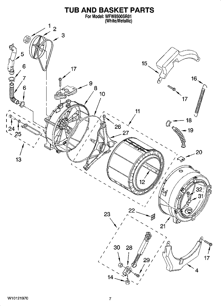 TUB AND BASKET PARTS, OPTIONAL PARTS (NOT INCLUDED) Diagram and Parts List for WFW8500SR01  Whirlpool Washer