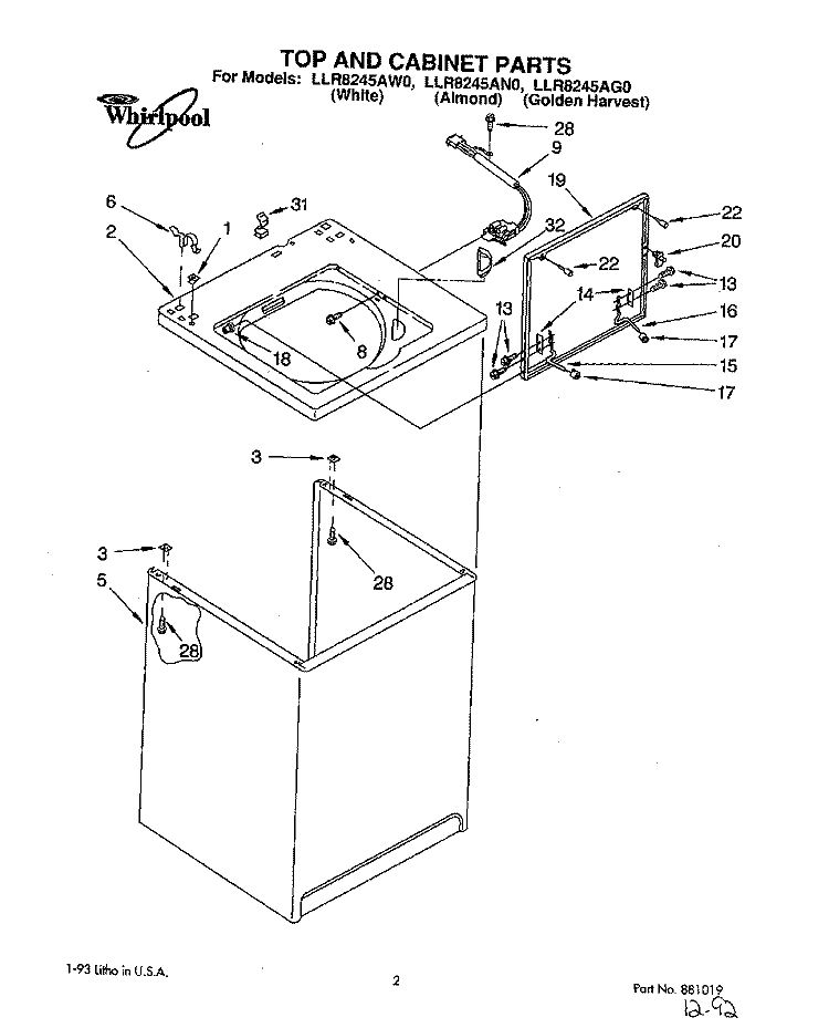 TOP AND CABINET, LIT/OPTIONAL Diagram and Parts List for LLR8245AG0  Whirlpool Washer