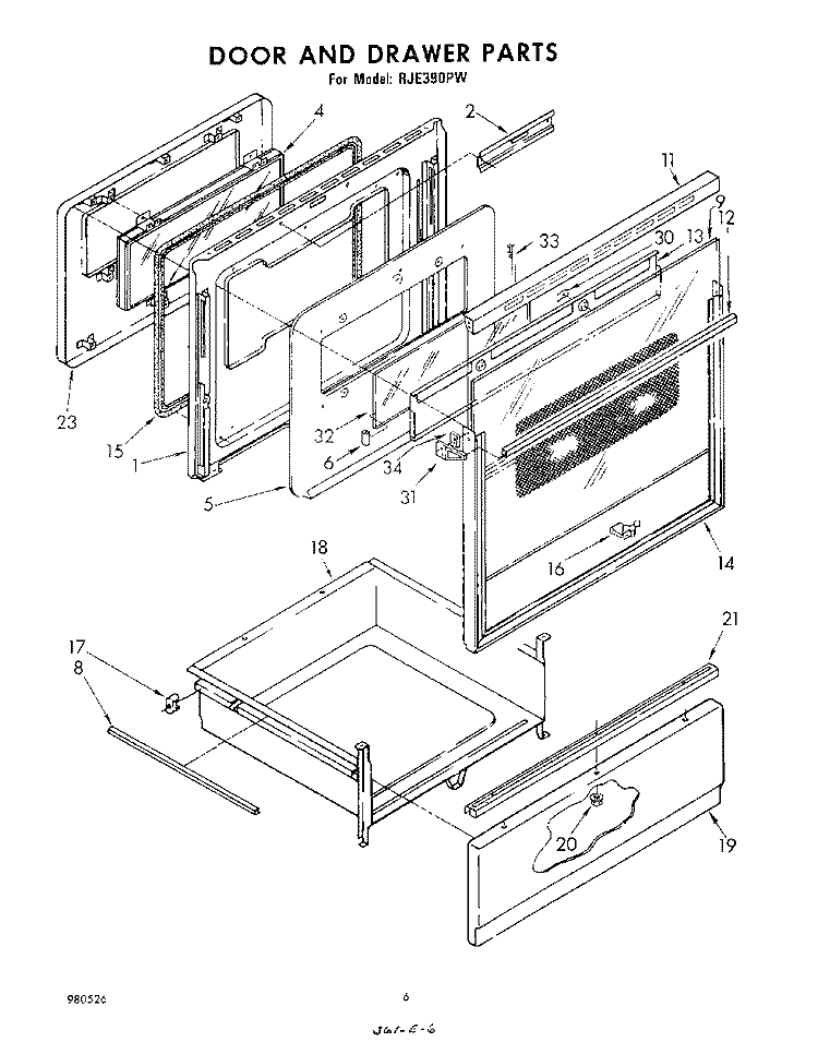 DOOR AND DRAWER Diagram and Parts List for RJE390PW  Whirlpool Range