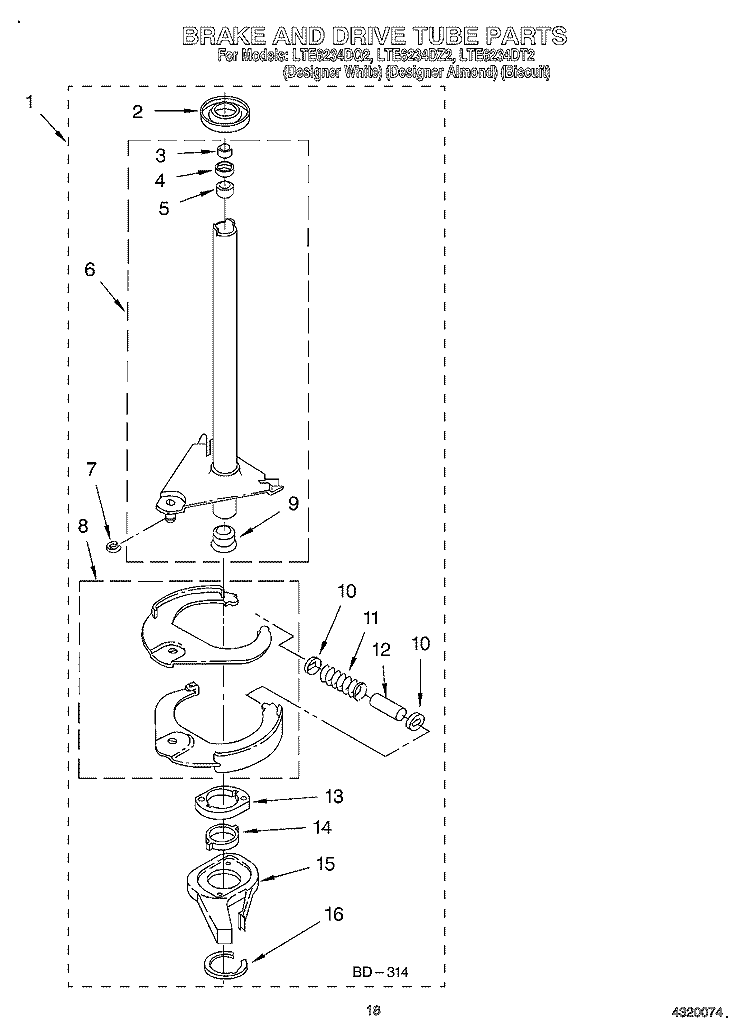 BRAKE AND DRIVE TUBE Diagram and Parts List for LTE6234DQ2  Whirlpool Washer Dryer Combo