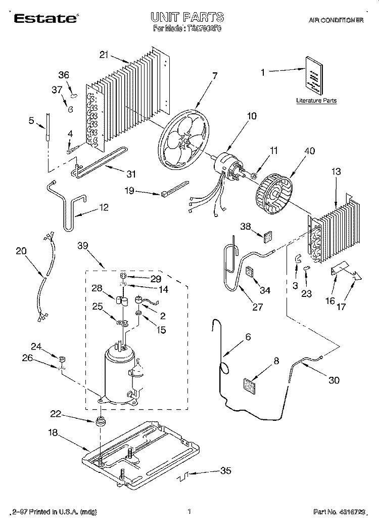 UNIT, LITERATURE Diagram and Parts List for TA07002F0  Whirlpool Air Conditioner