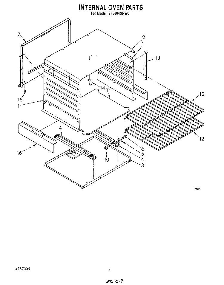 INTERNAL OVEN Diagram and Parts List for SF3004SRW0  Whirlpool Range