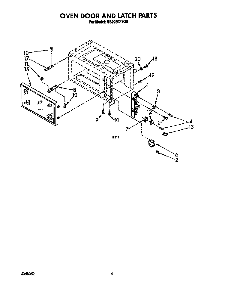 Oven Door And Latch Diagram and Parts List for MS3080XY0  Whirlpool Microwave