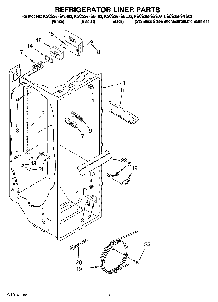 REFRIGERATOR LINER PARTS Diagram and Parts List for KSCS25FSBL03  KitchenAid Refrigerator