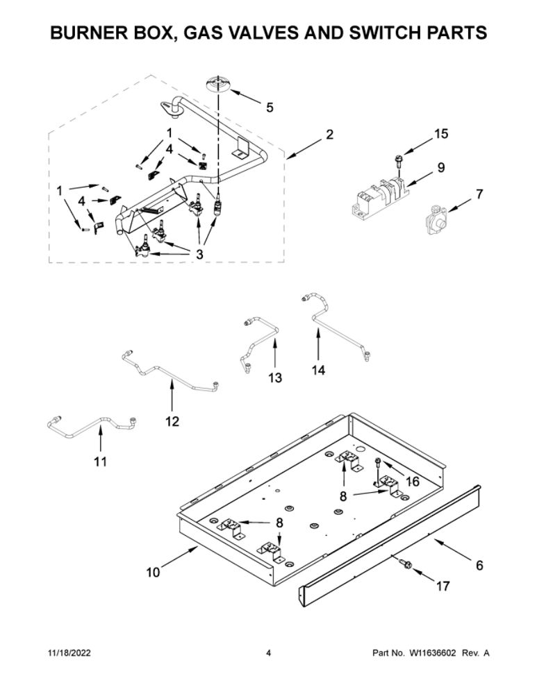Burner Box, Gas Valves And Switch Parts Diagram and Parts List for WCG55US0HB05  Whirlpool Cooktop