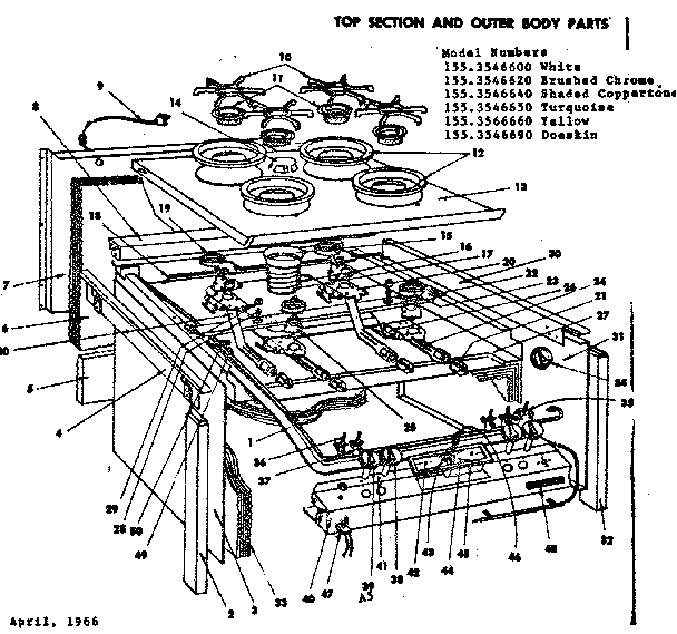 Top Section And Outer Body Parts Diagram and Parts List for 1553546640  Kenmore Range
