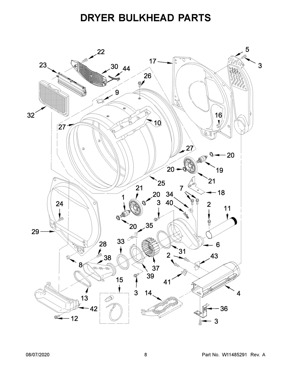 Dryer Bulkhead Parts Diagram and Parts List for WETLV27HW2  Whirlpool Washer Dryer Combo
