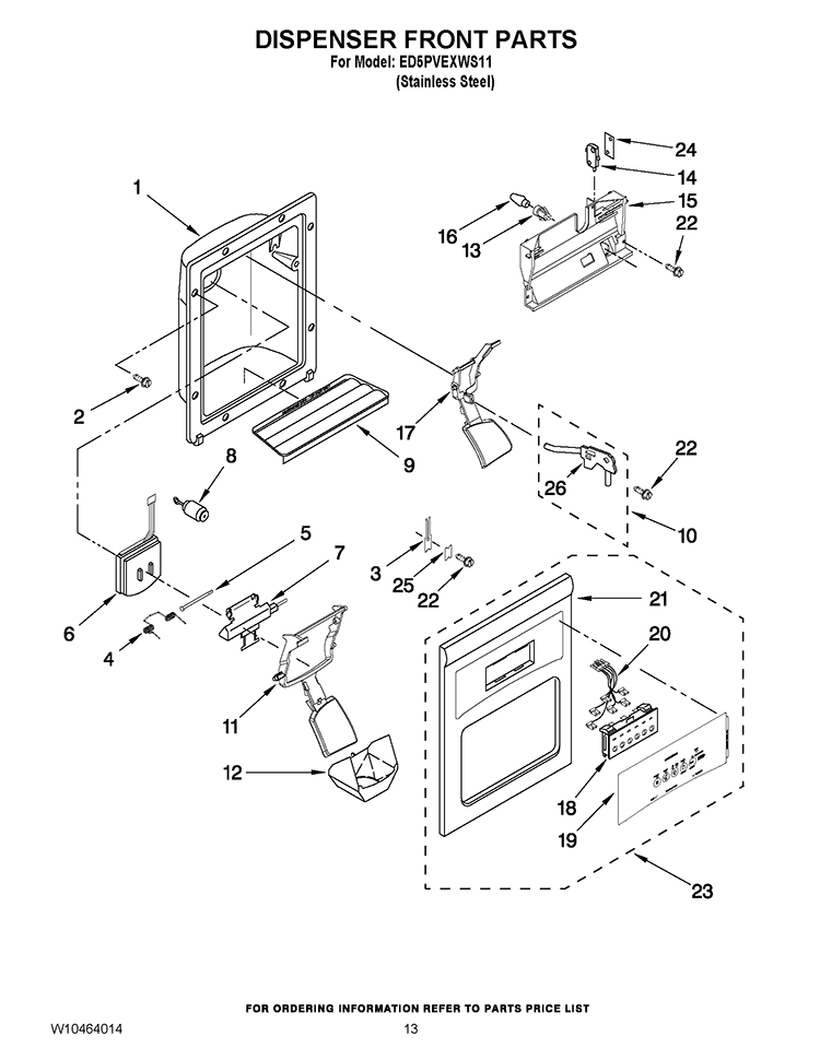 DISPENSER FRONT PARTS Diagram and Parts List for ED5PVEXWS11  Whirlpool Refrigerator