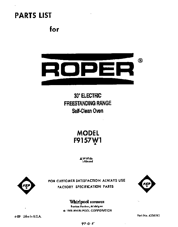 Front Cover Diagram and Parts List for F9157*1  Roper Range