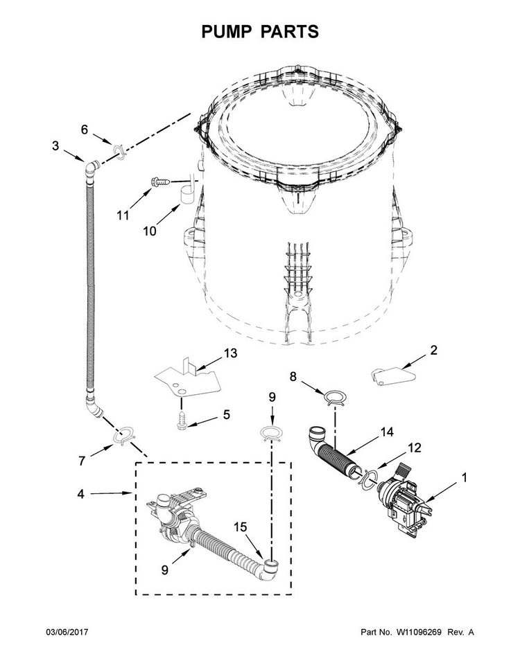 Pump Parts Diagram and Parts List for 7MWTW8500EC1  Whirlpool Washer