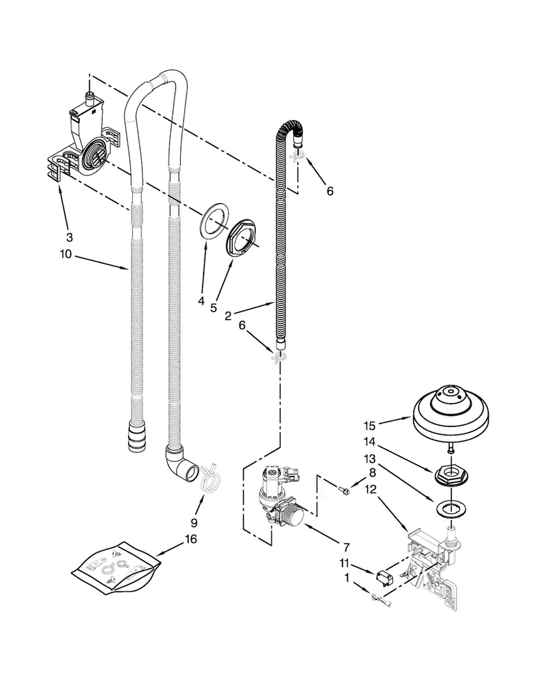 Fill, Drain And Overfill Parts Diagram and Parts List for WDT910SSYB3  Whirlpool Dishwasher