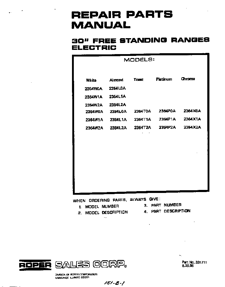 Front Cover Diagram and Parts List for 2364*1A  Roper Range