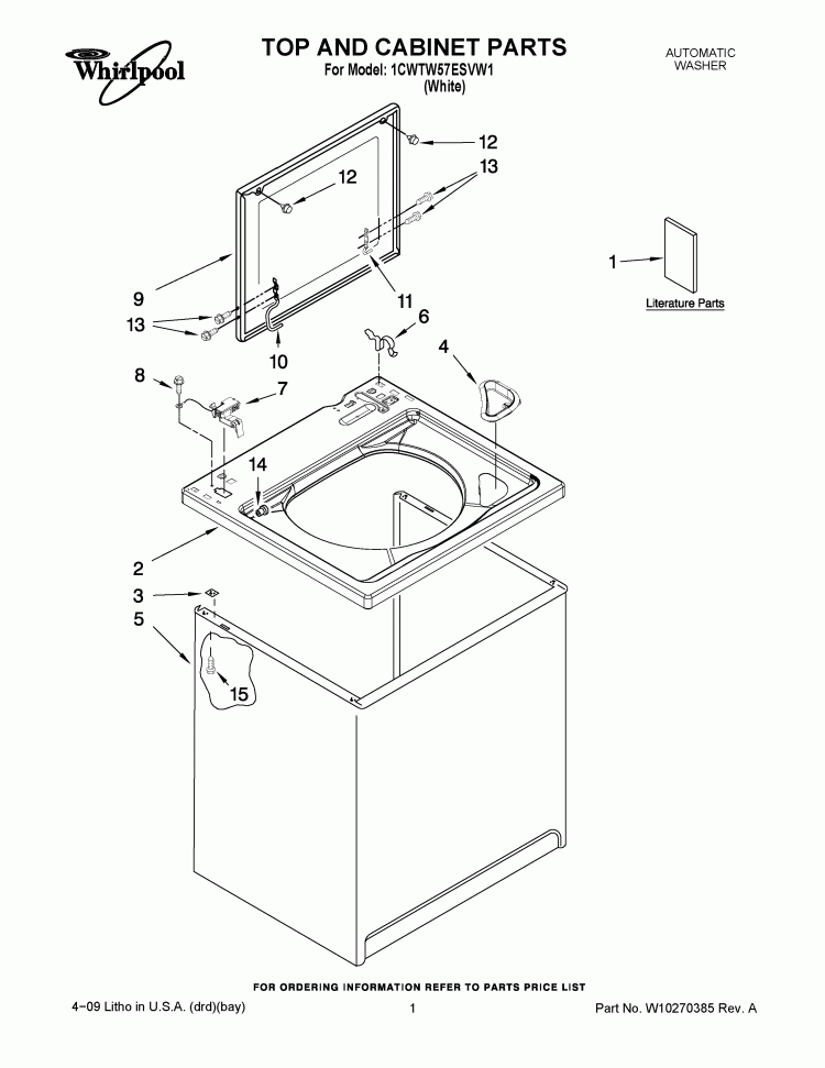 TOP AND CABINET PARTS Diagram and Parts List for 1CWTW57ESVW1  Whirlpool Washer