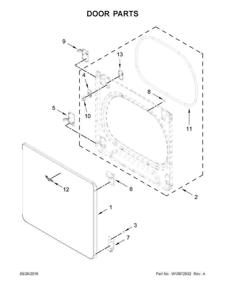 Door Parts Diagram and Parts List for WGD8500DW3  Whirlpool Dryer
