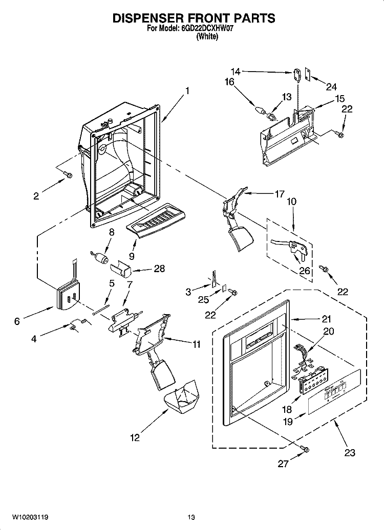 DISPENSER FRONT PARTS Diagram and Parts List for 6GD22DCXHW07  Whirlpool Refrigerator