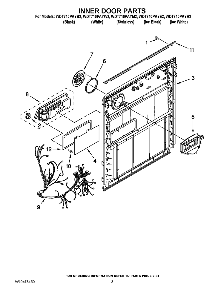 INNER DOOR PARTS Diagram and Parts List for WDT710PAYM2  Whirlpool Dishwasher