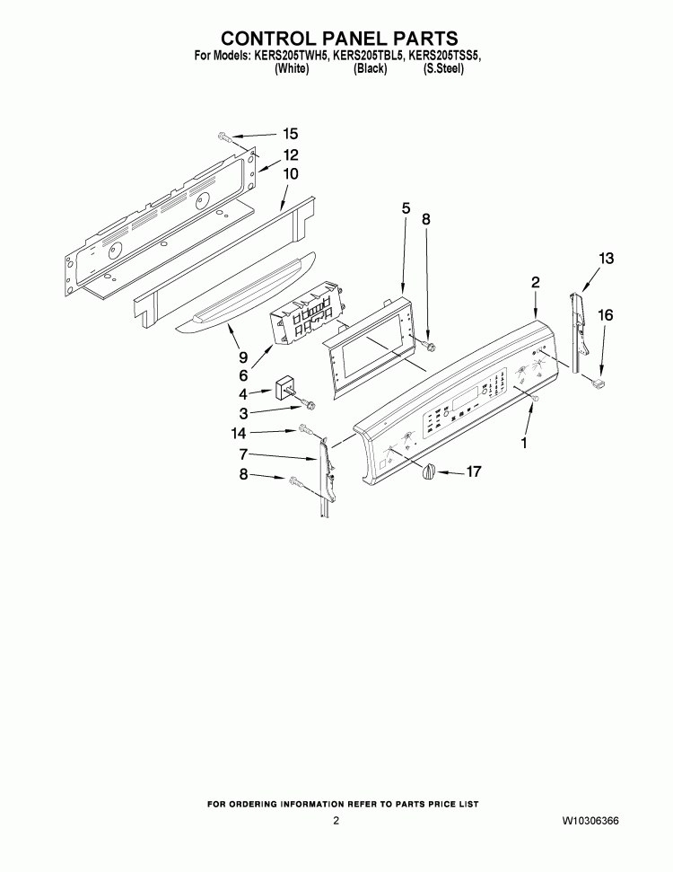 CONTROL PANEL PARTS Diagram and Parts List for KERS205TBL5  KitchenAid Range