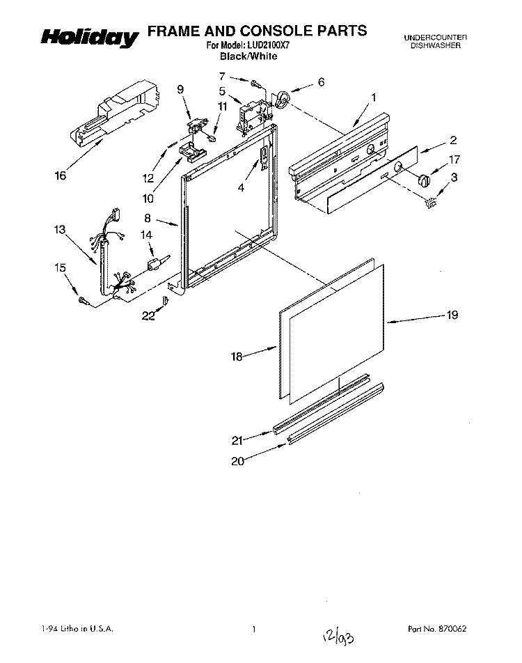 FRAME AND CONSOLE Diagram and Parts List for LUD2100X7  Whirlpool Dishwasher