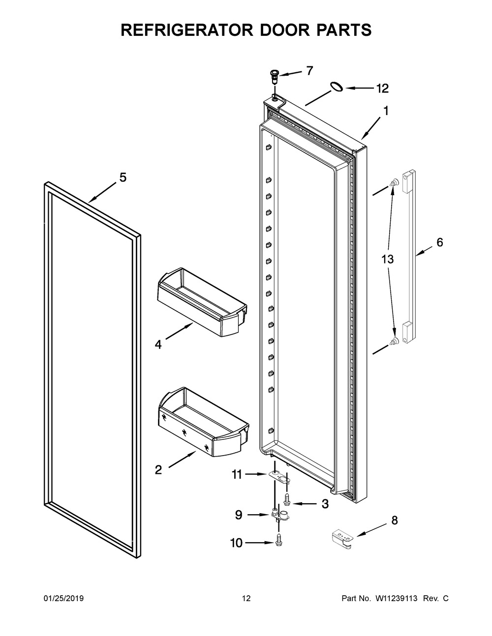 Refrigerator Door Parts Diagram and Parts List for WRSA71CIHN00  Whirlpool Refrigerator