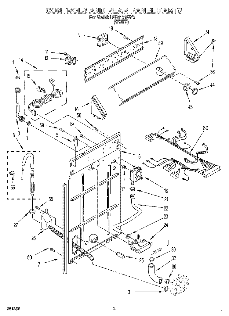 CONTROLS AND REAR PANEL Diagram and Parts List for LBR1121EW0  Whirlpool Washer
