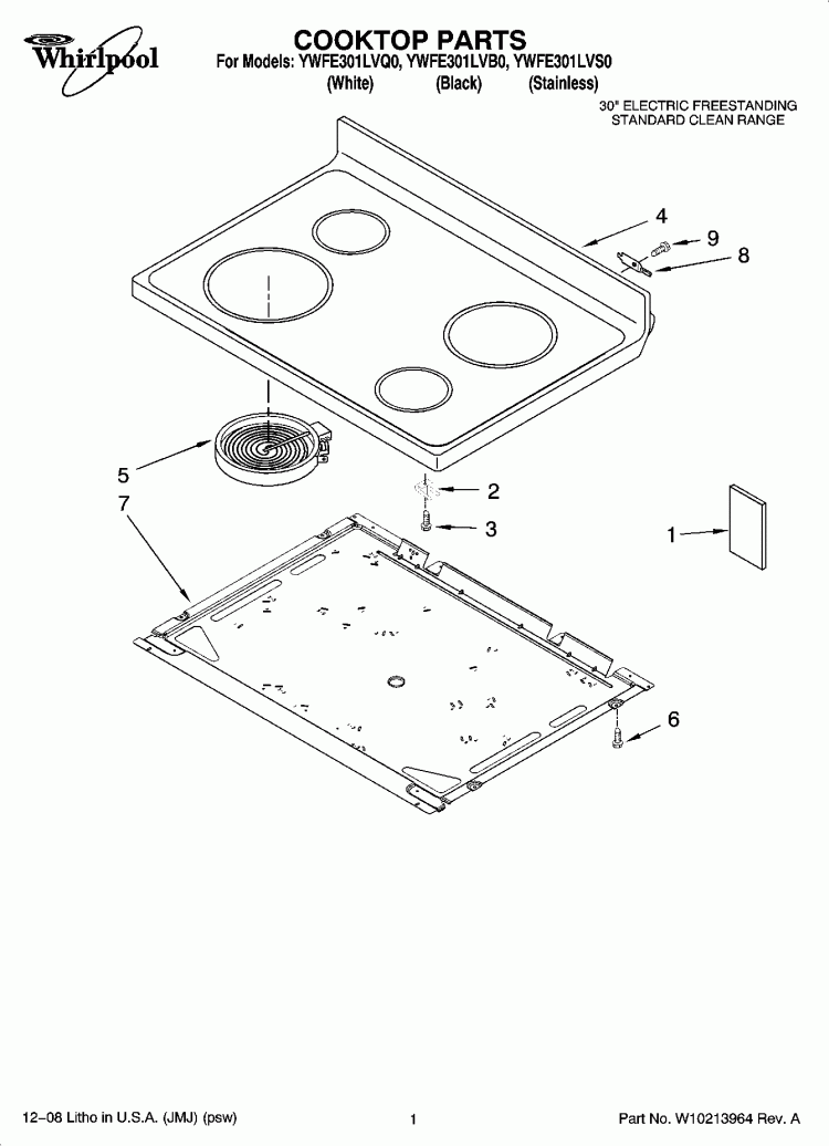 COOKTOP PARTS Diagram and Parts List for YWFE301LVB0  Whirlpool Range