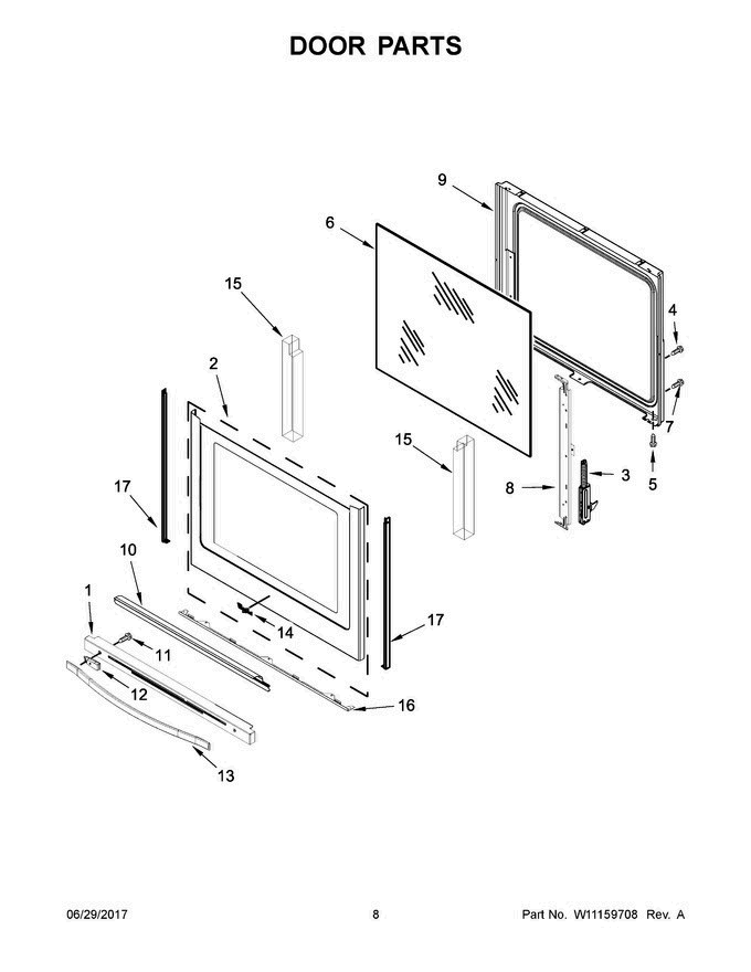 05 - Door Parts Diagram and Parts List for YWFE745H0FE1  Whirlpool Range