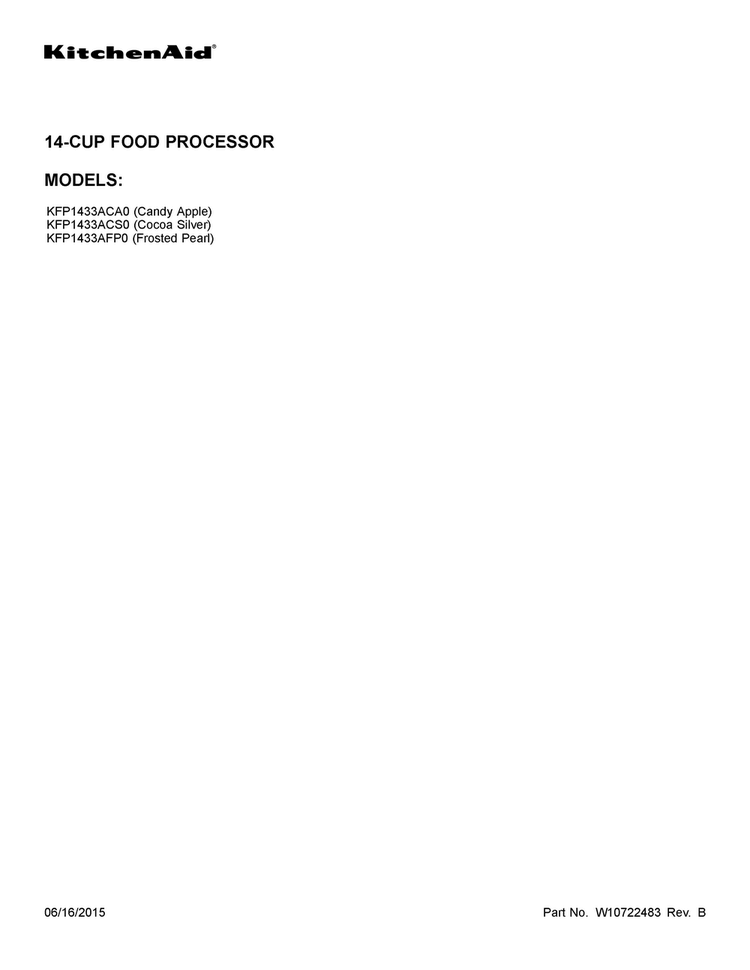 Cover Sheet Diagram and Parts List for KFP1433AFP0  KitchenAid Food Processor