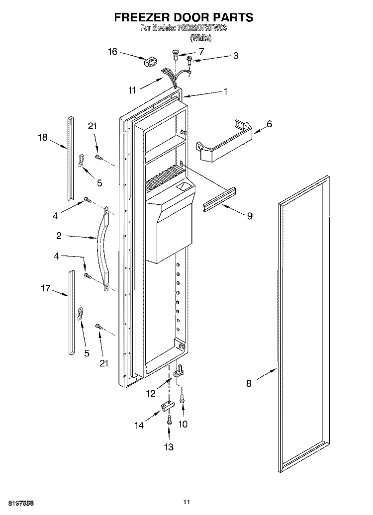 FREEZER DOOR Diagram and Parts List for 7GD22DFXFW03  Whirlpool Refrigerator