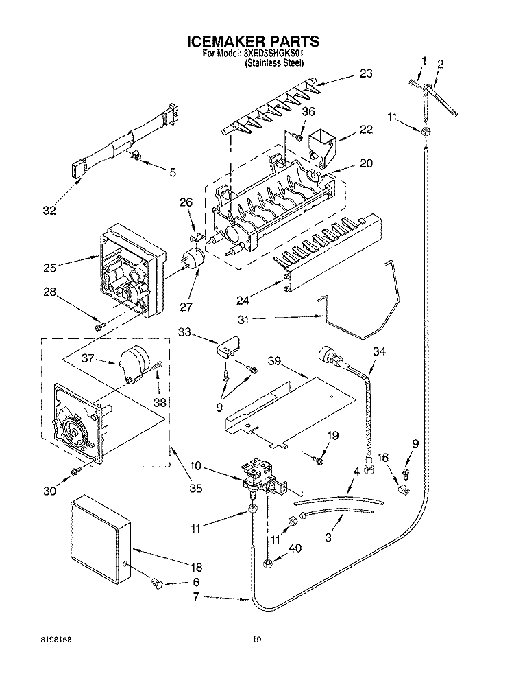 ICE MAKER, OPTIONAL Diagram and Parts List for 3XED5SHGKS01  Whirlpool Refrigerator