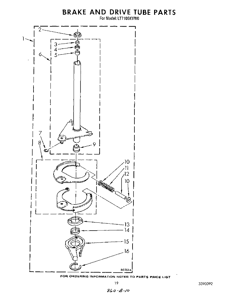 BRAKE AND DRIVE TUBE Diagram and Parts List for LT7100XVN0  Whirlpool Washer Dryer Combo
