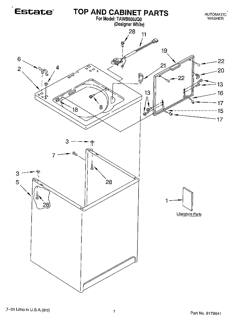 TOP & CABINET, LITERATURE Diagram and Parts List for TAWB600JQ0  Estate Washer