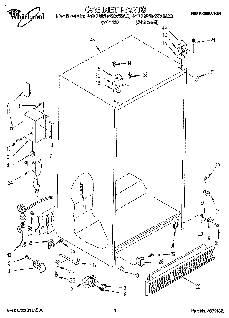 CABINET Diagram and Parts List for 4YED22PWAW00  Whirlpool Refrigerator