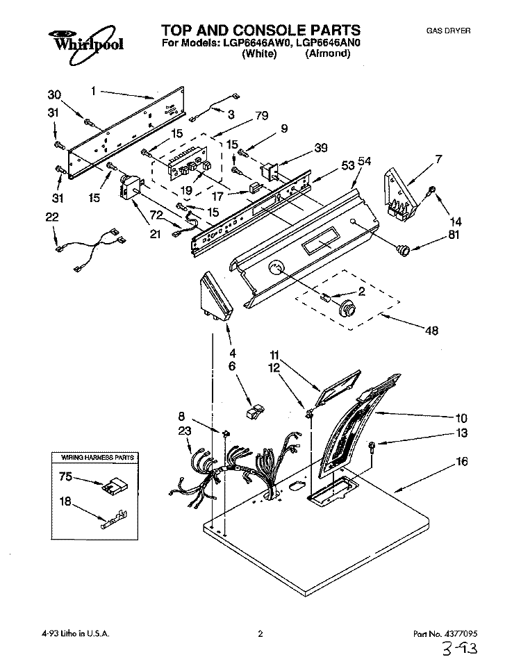 TOP AND CONSOLE, LIT/OPTIONAL Diagram and Parts List for LGP6646AW0  Whirlpool Dryer