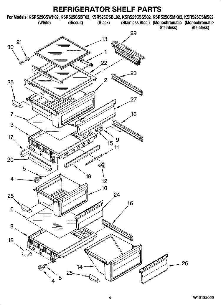 REFRIGERATOR SHELF PARTS Diagram and Parts List for KSRS25CSSS02  KitchenAid Refrigerator