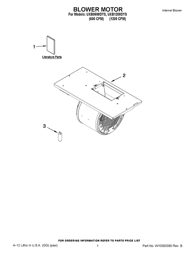 BLOWER MOTOR Diagram and Parts List for UXB0600DYS  Whirlpool Range Hood