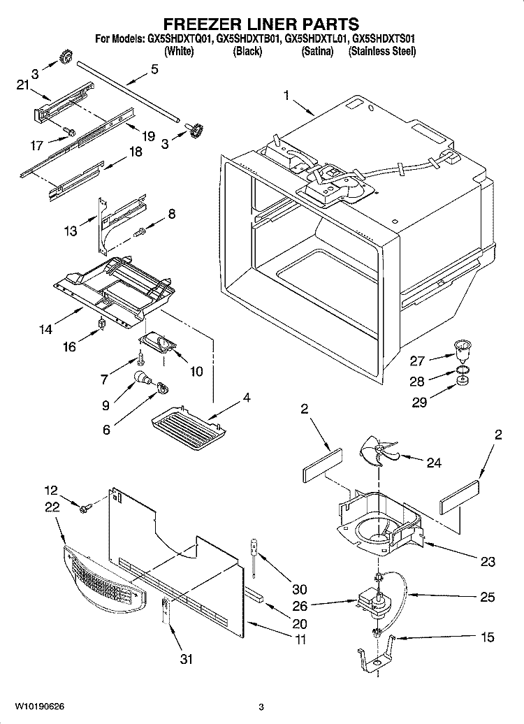 FREEZER LINER PARTS Diagram and Parts List for GX5SHDXTQ01  Whirlpool Refrigerator