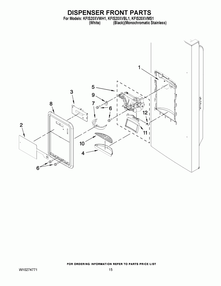 DISPENSER FRONT PARTS Diagram and Parts List for KFIS20XVMS1  KitchenAid Refrigerator