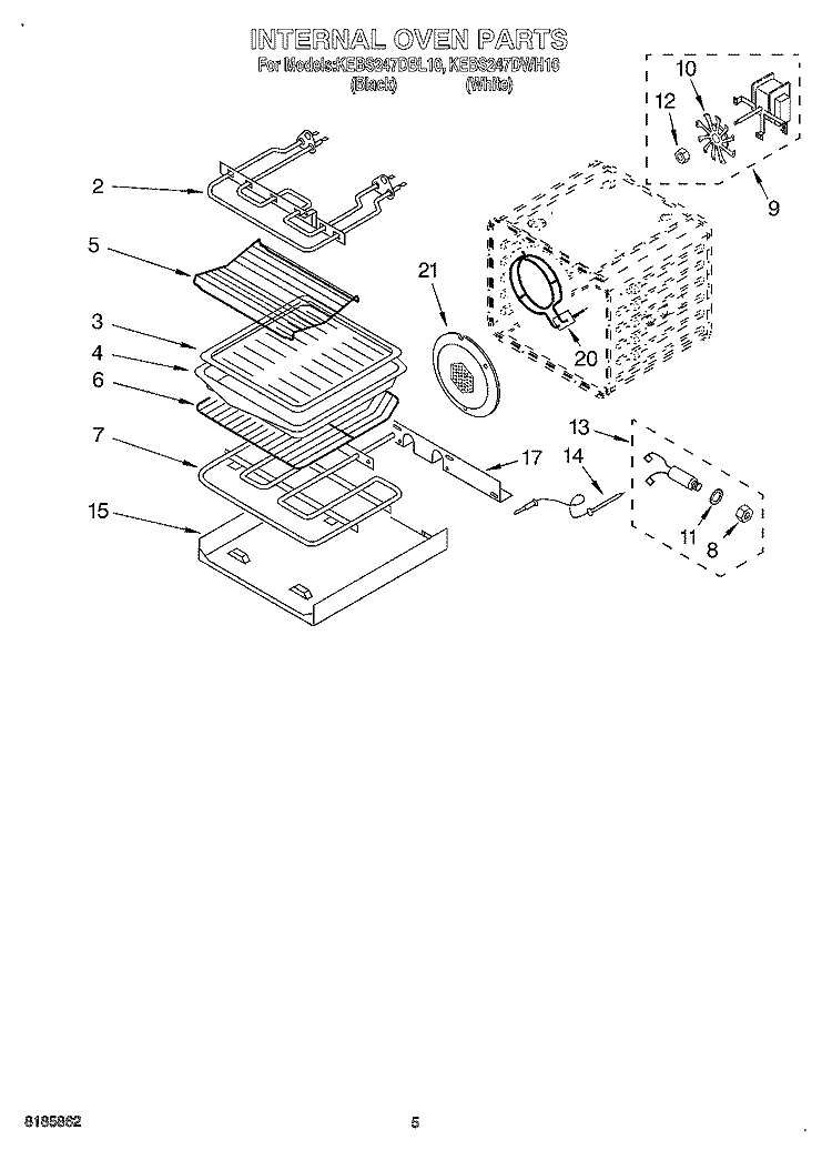 INTERNAL OVEN Diagram and Parts List for KEBS247DBL10  KitchenAid Wall Oven