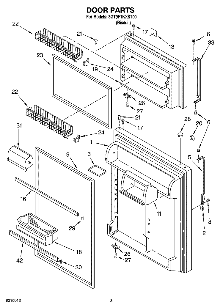 DOOR PARTS Diagram and Parts List for 8GT9FTKXST00  Whirlpool Refrigerator