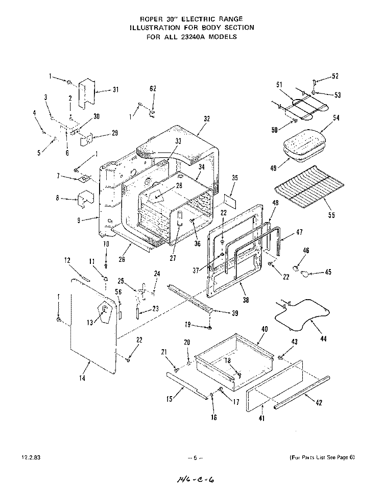 OVEN DOOR Diagram and Parts List for 2324W0A  Roper Range