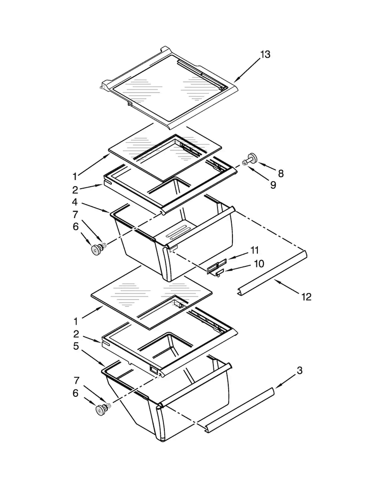Refrigerator Shelf Parts Diagram and Parts List for 7WRS25FDBF00  Whirlpool Refrigerator