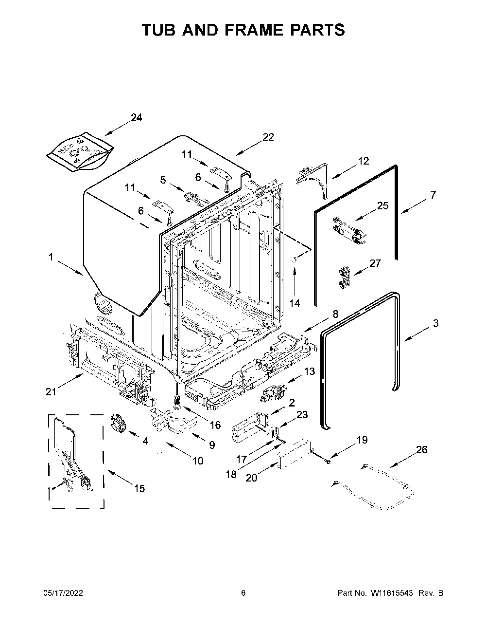 Tub And Frame Parts Diagram and Parts List for KDTM404KPS1  KitchenAid Dishwasher