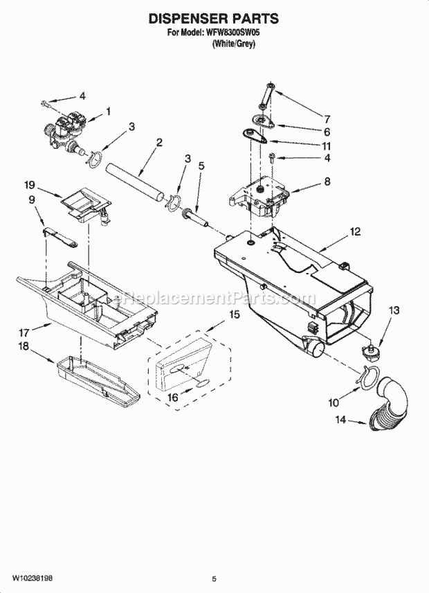 Dispenser Parts Diagram and Parts List for WFW8300SW05  Whirlpool Washer