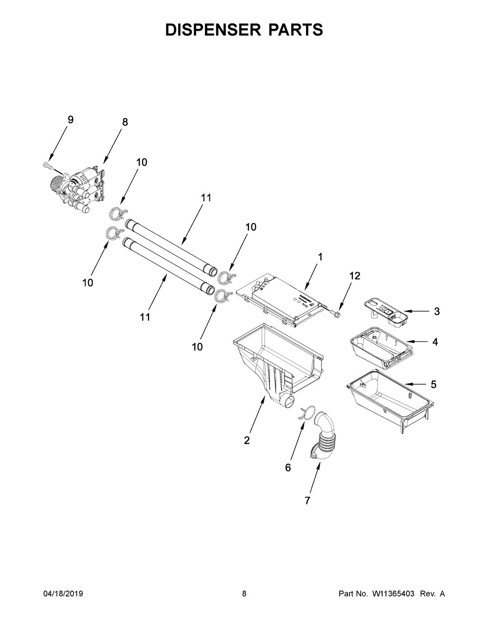 Dispenser Parts Diagram and Parts List for WFW3090JW0  Whirlpool Washer